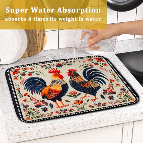 Roosters Chicken Dish Drying Mat for Kitchen Counter Absorbent Microfiber Drying Pad 16 x18 In (Chicken Art White / 18" x 16")