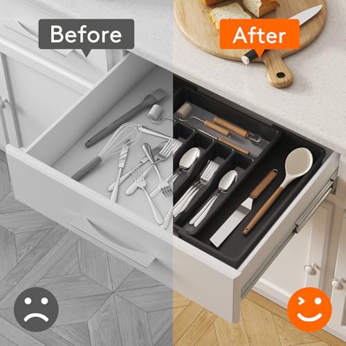 Extra Large Silverware Drawer Organizer (Black&Gray / XL Deep (13-22''W x 16.7''D))