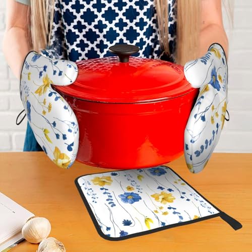 Navy Blue Yellow Flower Oven Mitts and Pot Holders Sets of 3 Watercolor Floral Decorative Hot Pads Heat Resistant Non Slip Washable for Cooking Grilling Baking BBQ Kitchen Decor (3 Count)