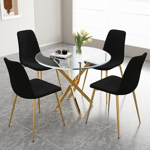 36" Round Glass Dining Table Set for 4 (Gold Round Table/Black Velvet Chairs / 5 Pieces)