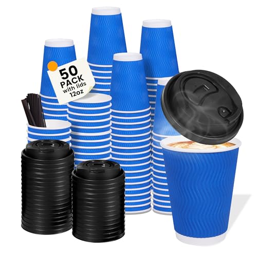 12 oz Disposable Paper Coffee Cups with Lids & Straws