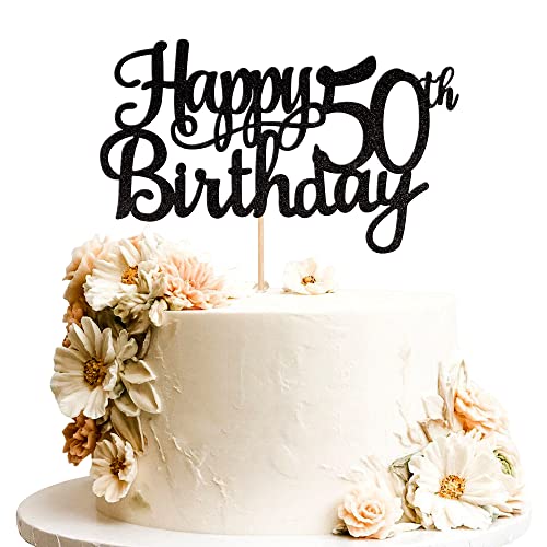 1 PCS Happy 50th Birthday Cake Topper Glitter Cheers to 50 Years Birthday Cake Pick 50 Fabulous Cake Decoration for Happy 50th Birthday Anniversary Party Decorations Supplies Black (Black / 50th)