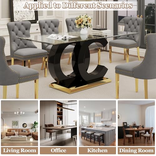 7 Piece Glass Dining Table Set for 6 (Black Table & Gold Grey Chair / 7-Piece Set-OC-Shaped Table)