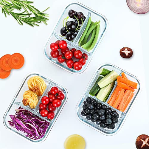 5 Pack,36 oz, 3 Compartments Glass Meal Prep Containers with Lids (Gray)
