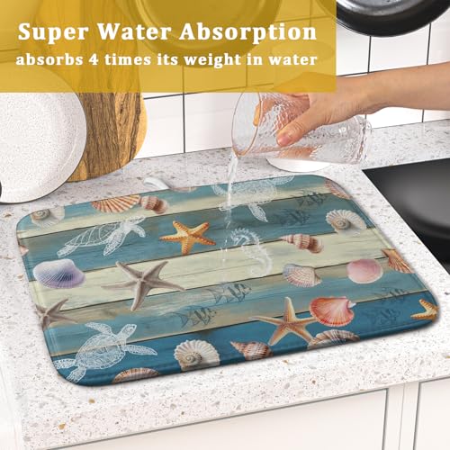 Coastal Starfish Dish Drying Mat Summer Sea Turtle Drainer Rack Mat Absorbent Microfiber Kitchen Countertop Protector Dishes Pad 16x18 inch (Starfish Turtle Wood / 16" x 18")