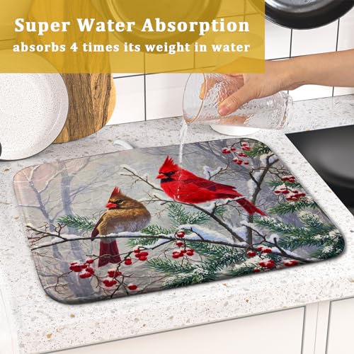 Red Bird Dish Drying Mat Merry Christmas Dishes Pad Absorbent Fast Dry Dish Drainer Mat Protector for Kitchen Counter 16 x 18 Inches (red bird / 16" x 18")