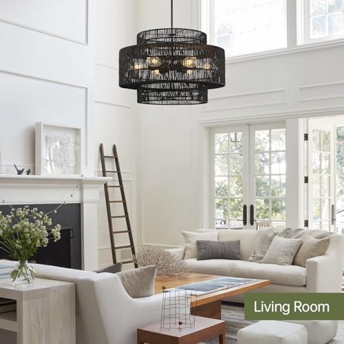 24" Black Rattan Chandelier for Dining Room (Black / 24" 6-Light)