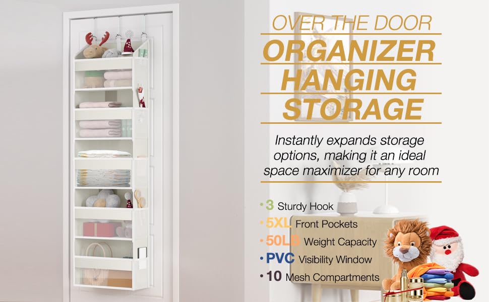 Over the Door Organizer Over the Door Shoe Organizer with 5 Front & 10 Mesh Side Pockets (Beige)