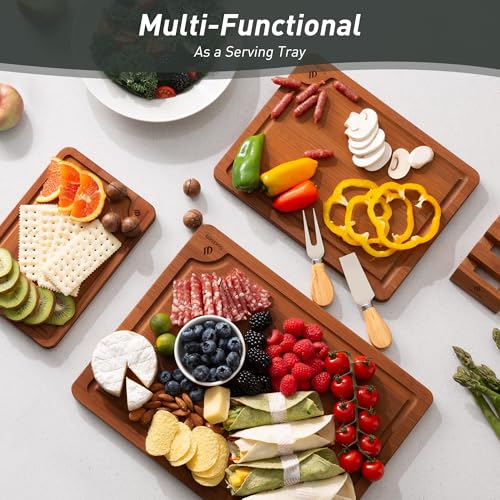 3 Packs Bamboo Cutting Board Set with Non Slip Feet Holder and Over Sink Nice Solid Thick Wood Juice Groove Chopping Board Extra Large Big Small Best Hardwood Kitchen Organic Vegetable Meat BBQ Kit (3 Pack with Holder / Brown)
