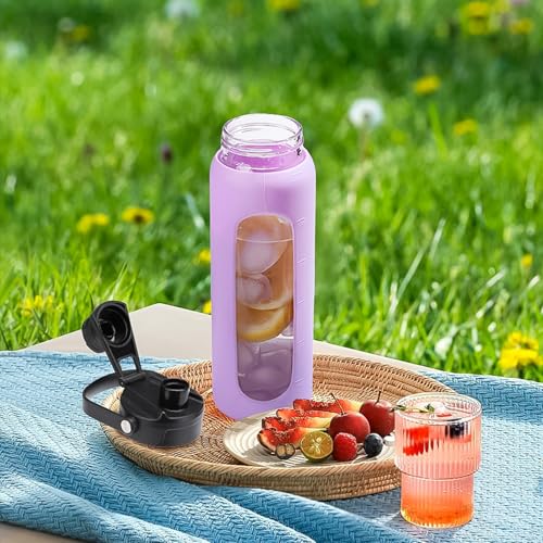 24oz Glass Water Bottle with Straw and 2 Lids (Purple / 24 Ounces)