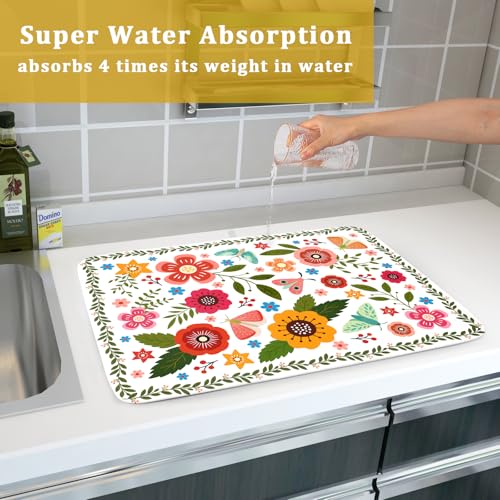 Colorful Boho Floral Dish Drying Mat 18x24 Inch Dishes Dry Pad Drainer Rack Mats Absorbent Hanging Loop Kitchen Counter Bar Accessories (White Boho Floral / 24" x 18")