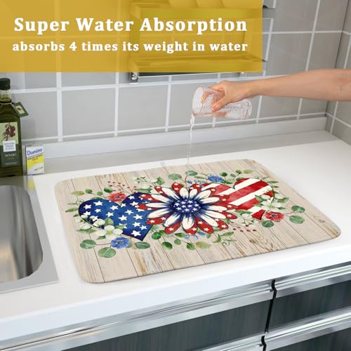 Independence Day Dish Drying Mat 18x24 inch Patriotic Love Heart Fast Dry Microfiber Dishes Drainer Rack Pad Kitchen Counter Accessories (Patriotic Floral Heart / 18" x 18")