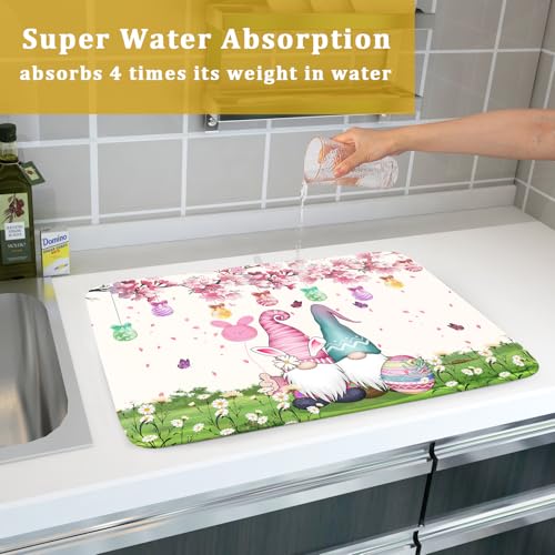 Easter Gnome Dish Drying Mat Floral Eggs Bunny Kitchen Drainer Mat 18x24 inch Absorbent Holiday Fast Dry Pad Protector for Counter Tabletop (Easter Gnome Egg / 24" x 18")