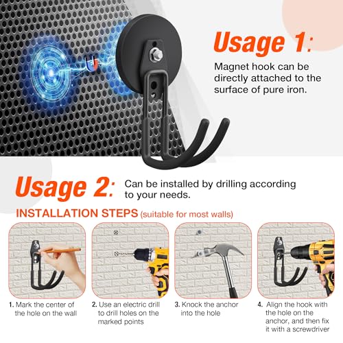 2 Pack Large Strong Magnetic Hooks for Hanging Heavy Duty (3.5" Magnet-2 Pack Larger J Hooks-Black)