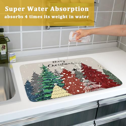 Christmas Trees Dish Drying Mat Winter Holiday Kitchen Dishes Pad 18x24 Inch Absorbent Reversible Fast Dry Draining Rack Pad for Countertop (Christmas Snow Trees / 18" x 24")
