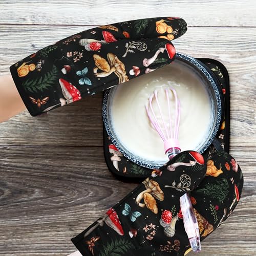 Mushroom Oven Mitts and Pot Holders Sets Cute Oven Gloves Heat Resistant 4 Pcs Funny Decorative Kitchen Hot Pads and Mitts for Baking Cooking Grilling (Black Red)