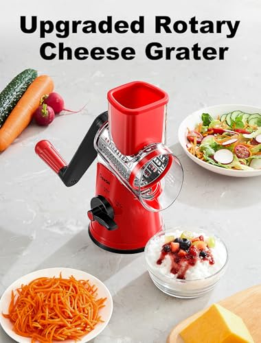 Rotary Cheese Grater Vegetable Shredder With 6 Interchangeable Blades No Slip Suction Base (Red Black / 6 Blades)