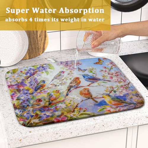 Spring Bird Dish Drying Mats for Kitchen Counter Floral Small Dish Drying Pad Season Decor (Colorful Art Birds / 18" x 16")