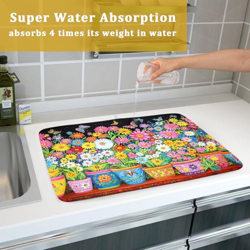 Vintage Flowers Dish Drying Mats Spring Floral Drying Matt Kitchen Counter 18x24 (Vintage Flowers Colorful / 24" x 18")