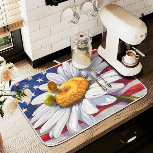 Daisy Flowers and American Flag Dish Drying Mat for Kitchen Counter Absorbent Microfiber Large Drying Pad Dish Mats for Kitchen Countertops 18 x 24 Inch (24" x 18")