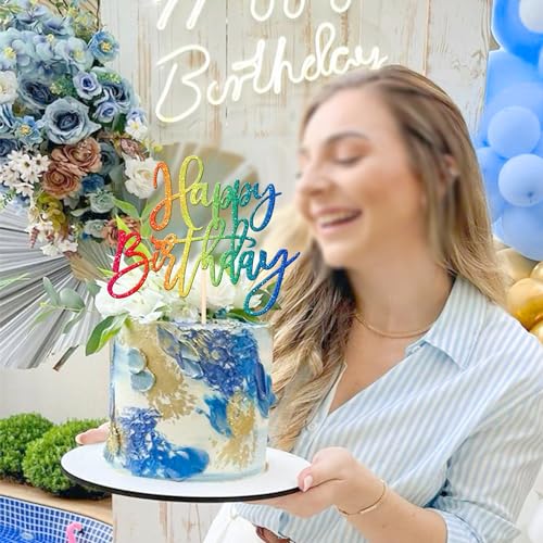 1 PCS Happy Birthday Cake Topper Glitter Happy Birthday Cake Pick for Celebrating Happy Birthday Anniversary Theme Party Cake Decorations Supplies Colorful