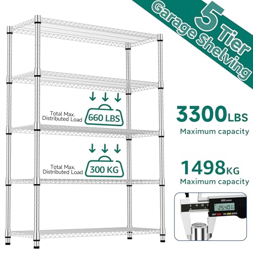5 Tiers Shelf Metal Storage Shelves 3300 lbs Steel Storage Shelving Utility Shelving Unit Steel Organizer Wire Rack for Home (5 tier, 17.7"D x 47.2"W x 70.3"H / Chrome)