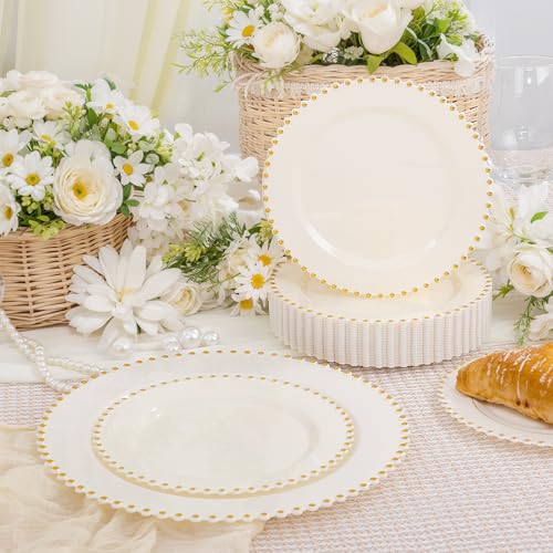 100pcs Ivory Plastic Plates with Gold Beads for Wedding & Party (100 Count)