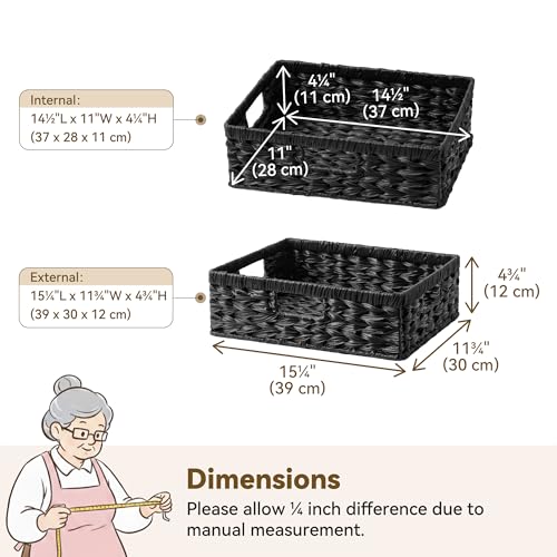 Wicker Storage Baskets for Shelves (Black / 15¼"L x 11¾"W x 4¾"H)