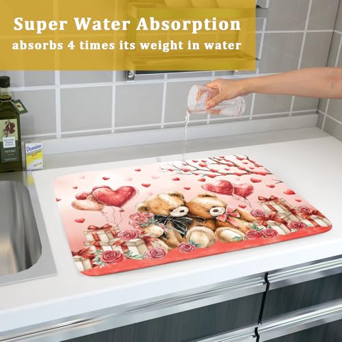 Holiday Microfiber Dish Drying Mat 18 X 24 in Valentines Day Bear Red Decorative Kitchen Countertop Mats (Red Bear Lover / 24" x 18")