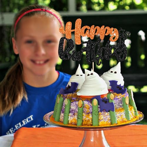 1Pcs Happy Birthday Cake Topper Glitter Happy Birthday Cake Pick for Halloween Baby Shower Theme Anniversary Party Cake Decorations Supplies Black Orange (Style 2 / Black Orange)