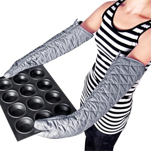 Extra Long 23 Inch Heat Resistant Oven Gloves New Cotton Oven Mitts Kitchen Gloves High Temperature Cooking Tool BBQ Gloves (Silver / 23 Inch)