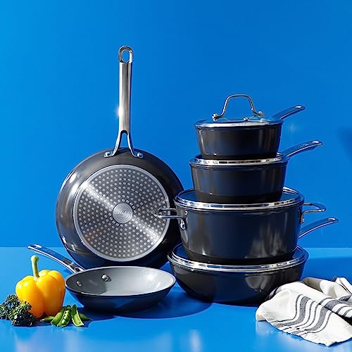 Kitchen Essentials 10 Piece PFA Free Titanium Ceramic Nonstick Interior Forged Aluminum Cookware Pots and Pans Set (Black / 10-Piece Cookware Set)
