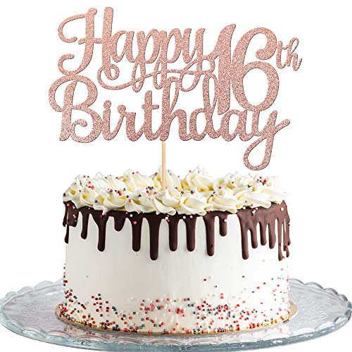 1 PCS Happy 16th Birthday Cake Topper Glitter Cheers to 16 Years Birthday Cake Pick Sweet 16 Fabulous Cake Decoration for Happy 16th Birthday Theme Party Decorations Supplies Rose Gold (Rose Gold / 16th)