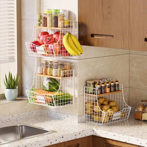 3 Pack Hanging Fruit Basket for Kitchen with Wood Lid (3pcs*11.81"*8.66"*10.63")