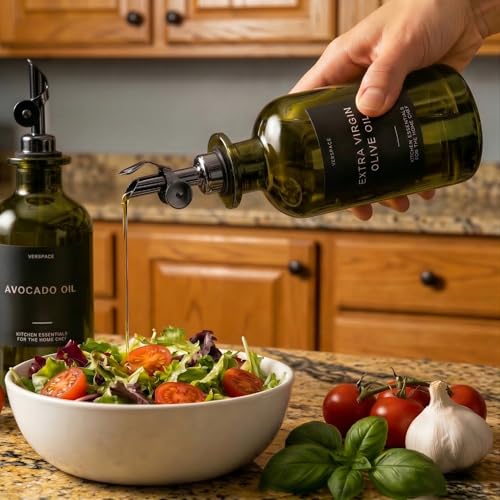 Green Glass Olive Oil Dispenser Bottles For Kitchen (Green/Black / 12oz)