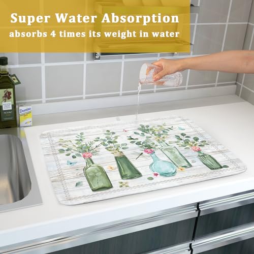 Fern Leaf Vase Dish Drying Mat 18x24 Inch Eucalyptus Leaves Microfiber Absorbent Dish Drainer Mat Reversible Drying Pad for Kitchen Counter Sink (Fern Leaf Vase / 18" x 24")