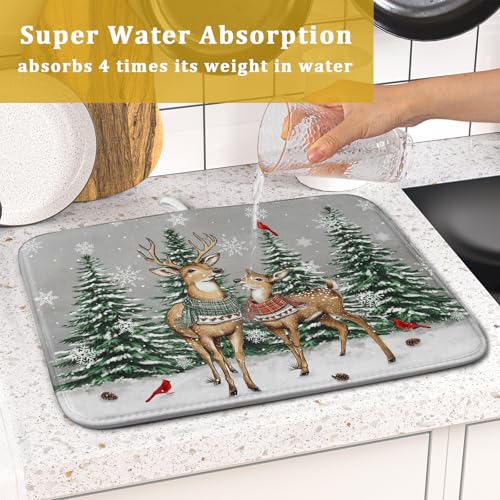 Winter Deer Dish Drying Mat Pine Tree Absorbent Dish Dry Pad Seasonal Microfiber Dish Drainer Mats for Kitchen Counter Coffee Bar 16x18 in (Deer Pine Tree / 16" x 18")