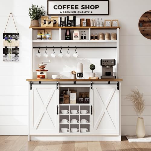 47" Farmhouse Coffee Bar with Storage Hutch & Wine Rack (48Inch / White)