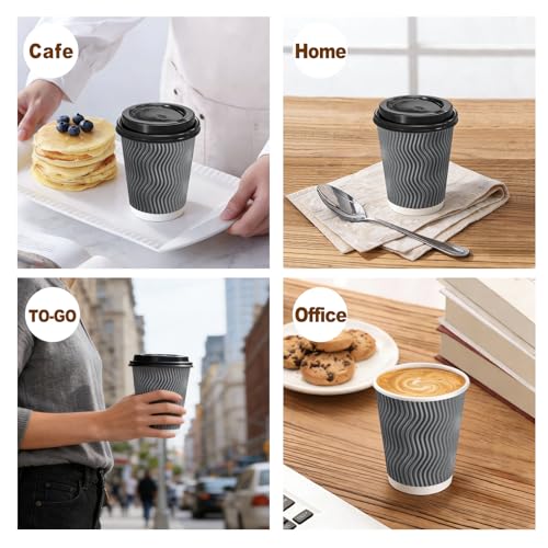 50 Pack 8 oz Insulated Disposable Coffee Cups With Lids (Gray / 8OZ-50Pack)