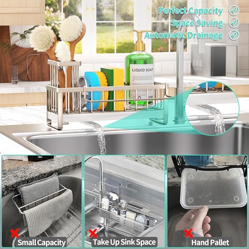 Sponge Holder for Kitchen Sink (Brushed Nickel / with Dishcloth Holder)