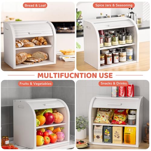 2 Tier Bamboo Bread Box for Kitchen Counter (White / Large)