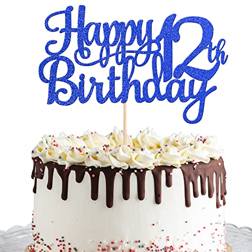 1 PCS Happy 12th Birthday Cake Topper Glitter Cheers to 12 Years Birthday Cake Pick 12 Fabulous Cake Decoration for Happy 13th Birthday Theme Party Decorations Supplies Blue (Blue / 12th)