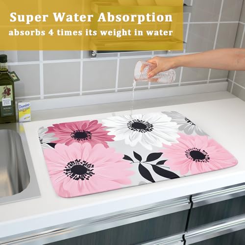 Blossom Florals Dish Drying Mat Abstract Daisy Flower Drainer Pad Absorbent Dish Rack Mats for Coffee Bar 18 X 24 Inch (Watercolor Daisy 1021 / 24" x 18")