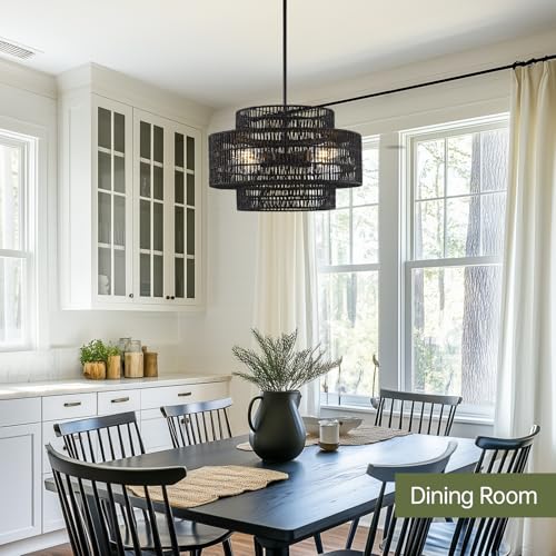 17.7" Black Rattan Chandelier for Dining Room (Black / 17.7" 4-Light)