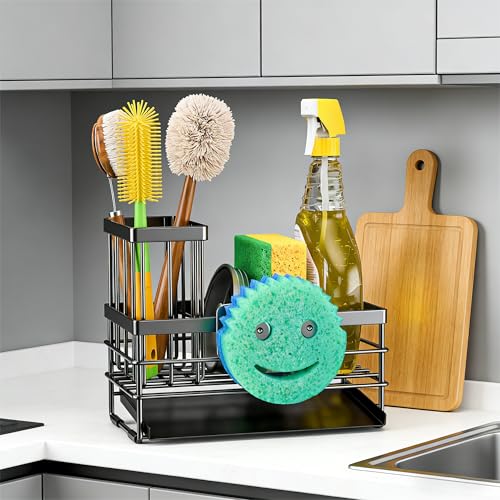 Sink Caddy Sponge Holder for Kitchen with Brush Holder and Stainless Steel Self Drain Tray (8.26'' / Black With Smiley Face)