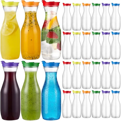 24 Pcs Plastic Water Carafe with Lid 32 Oz Clear (Rainbow Color Cap)