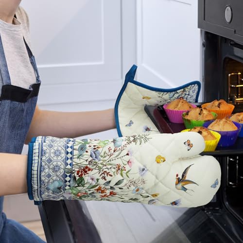 Country Wildflower Oven Mitts and Pot Holders Set (Retro Wildflowers / Oven Mitt x1 & Pot Holder x1)