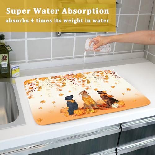 Fall Dogs Dish Drying Mat Autumn Leaves Reusable Dishes Pad 18"x24" Holiday Microfiber Quick Dry Dish Drainer Rack Mat for Kitchen Counter (Fall Dogs / 18x24 inch)