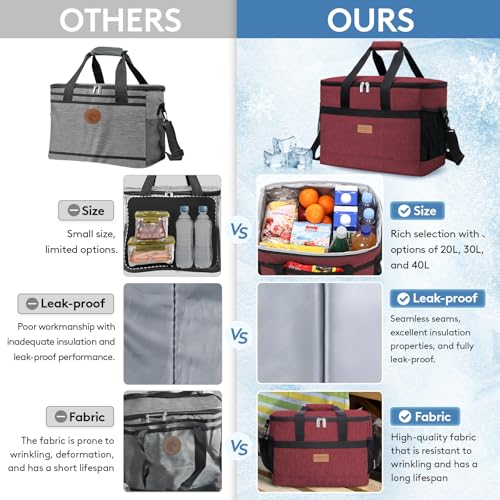 Cooler Bag 50 Cans Collapsible and Insulated Large Lunch Bag Leakproof Soft Cooler Portable for Camping (50-Can(30L) / Burgendy)