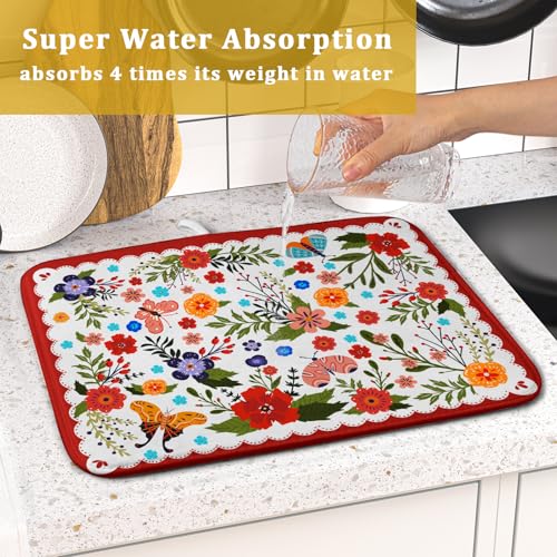 Flowers Printed Dish Drying Mat Floral Coffee Mat for Kitchen Counter Small (Light Flowers Red / 18" x 16")